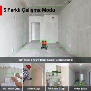 KOBB KBL41G 30Metre 4x90⁰/1x360⁰ Otomatik Hizalama Çift Akülü Profesyonel Yeşil Çapraz Çizgi Lazer Terazi