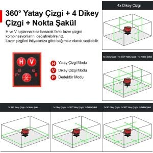 KOBB KBL41G 30Metre 4x90⁰/1x360⁰ Otomatik Hizalama Çift Akülü Profesyonel Yeşil Çapraz Çizgi Lazer Terazi
