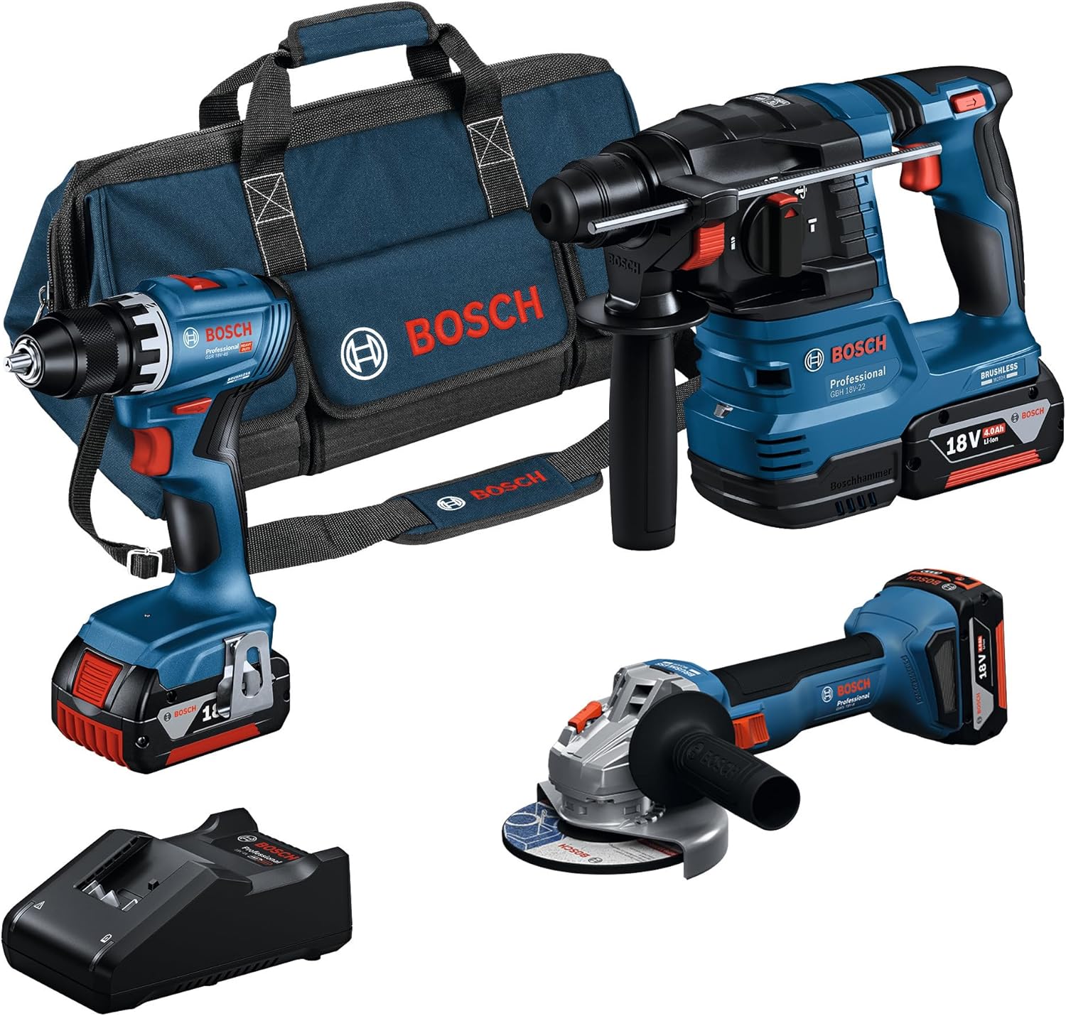 Bosch Profesyonel 18V Akülü Set GSR 18V-45 +GWS 18V-8 +GBH 18V-22 3x 4.0Ah Akü + Şarj Aleti - 0615A5007L