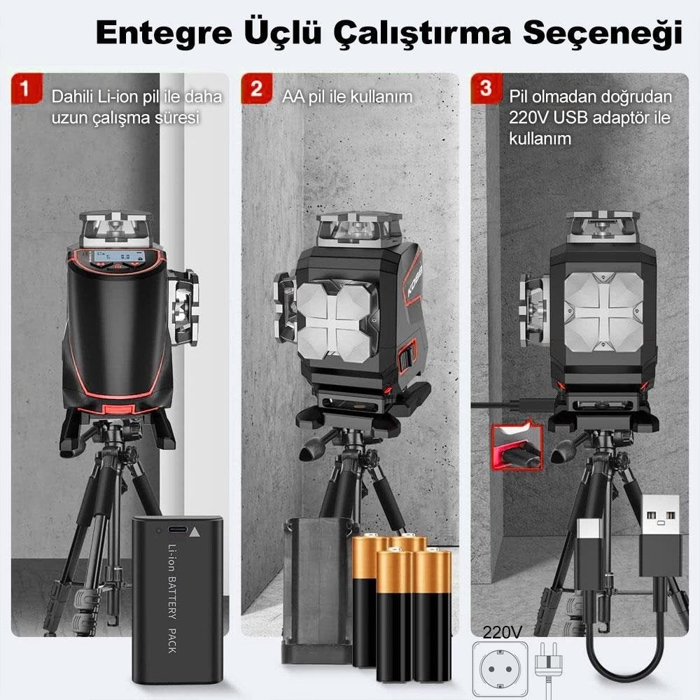 KOBB KBL36G Profesyonel Li-ion Şarjlı ve Pilli 4X360⁰ Otomatik Hizalamalı Yeşil Çapraz Çizgi Lazer Distomat Terazi + Uzaktan Kumanda