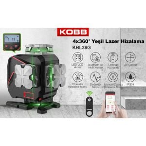 KOBB KBL36G Profesyonel Li-ion Şarjlı ve Pilli 4X360⁰ Otomatik Hizalamalı Yeşil Çapraz Çizgi Lazer Distomat Terazi + Uzaktan Kumanda
