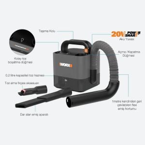 WORX WX030 Profesyonel Şarjlı Süpürge 20 Volt 2.0 Ah
