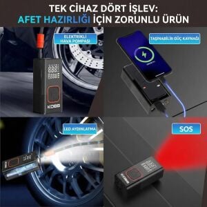 KOBB KB412 Li-İon Şarjlı Dijital Göstergeli Akıllı Lastik Şişirme Pompası + Powerbank + SOS + Led Lamba 150 Psi