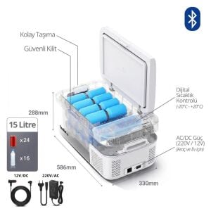 COOLIST CLK15B Taşınabilir Kompresörlü 15 Bluetooth Bağlantılı Oto Buzdolabı 15 Litre (12/24 Volt)