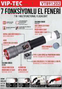 VIPTEC 7 Fonksiyonlu Şarjlı El Feneri (VT891202)