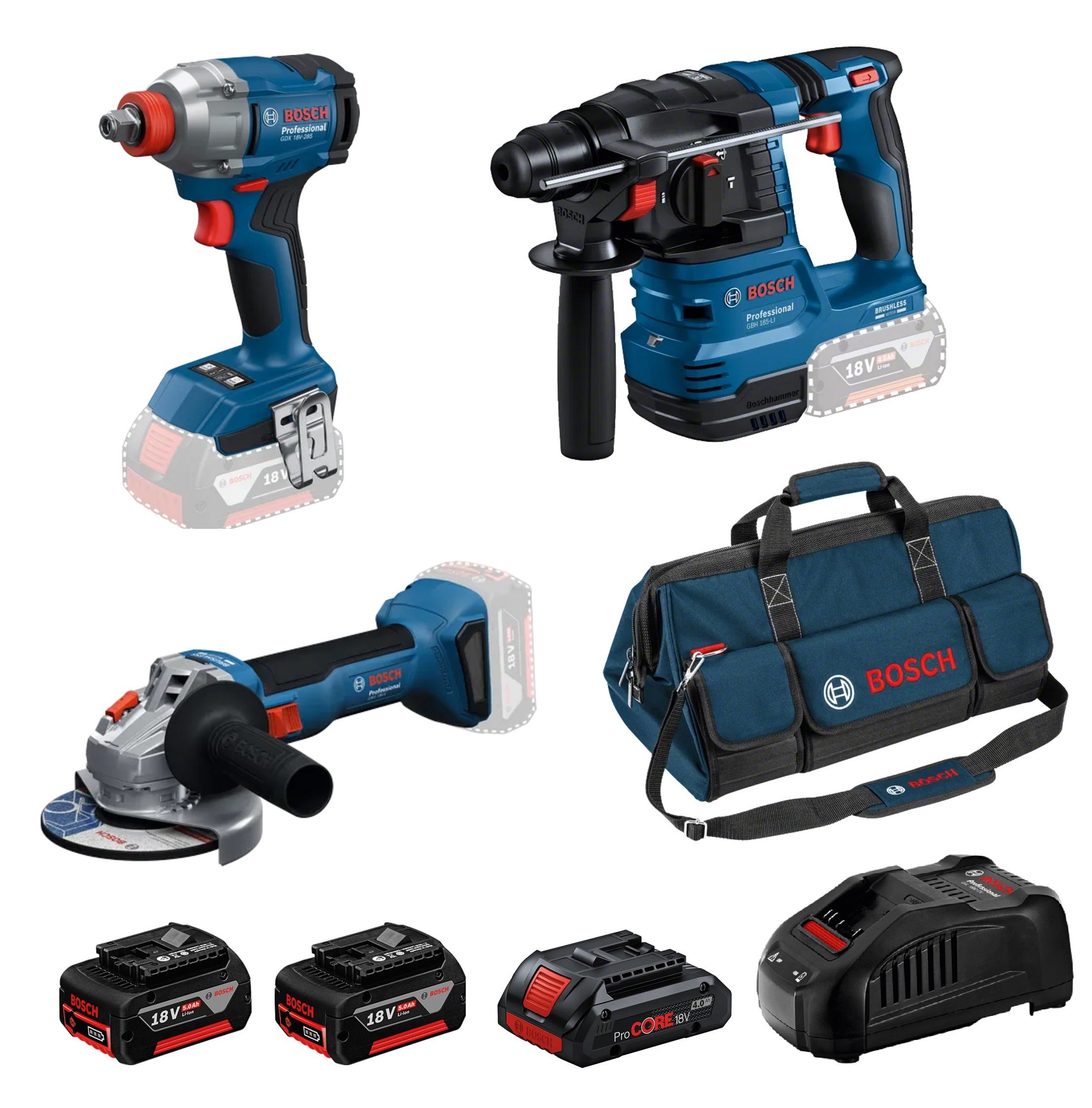 BOSCH GBH 185+GWS 18V-8+GDX 18V-285 3 Akülü 3'lü Şarjlı Kırıcı-Delici-Taşlama-Torklu Seti (2x5Ah+1x4Ah)