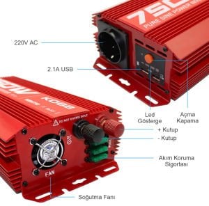 KOBB KBN750 Araç İçi Inverter Dönüştürücü 12V/220V 750 Watt