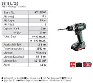 METABO BS 18 L Şarjlı Matkap 18 Volt 2.0 Amper