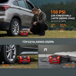 KOBB KB301 12-220 Volt Dijital Basınç Göstergeli Lastik ve Yatak Şişirme Pompası