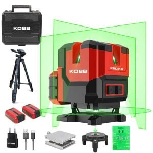 KOBB KBL41GTP 30Metre 4x90⁰/1x360⁰ Otomatik Hizalama Çift Akülü Profesyonel Yeşil Çapraz Çizgi Lazer Terazi Tripod Sehpalı