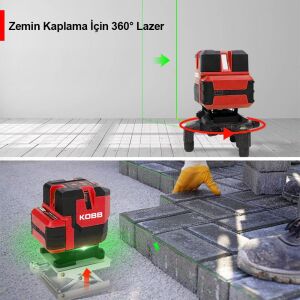 KOBB KBL41GTP 30Metre 4x90⁰/1x360⁰ Otomatik Hizalama Çift Akülü Profesyonel Yeşil Çapraz Çizgi Lazer Terazi Tripod Sehpalı