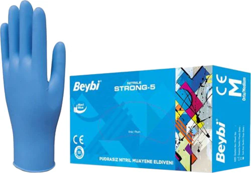 BEYBİ Strong-5 Pudrasız Mavi Nitril Muayene Eldiveni - 100'lü Paket L (Large)