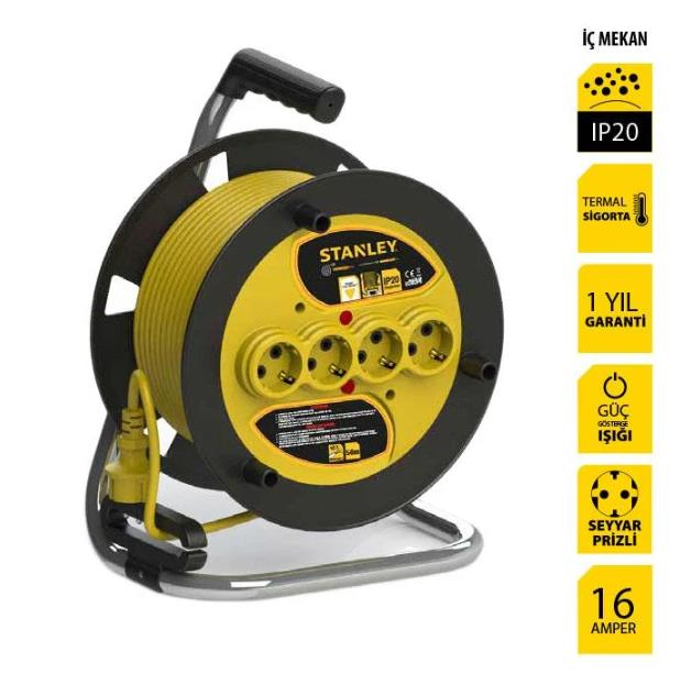 Stanley ST-E-5015 Makaralı Kablo 50 Mt, 3x1.5mm, 4 Prizli, IP20
