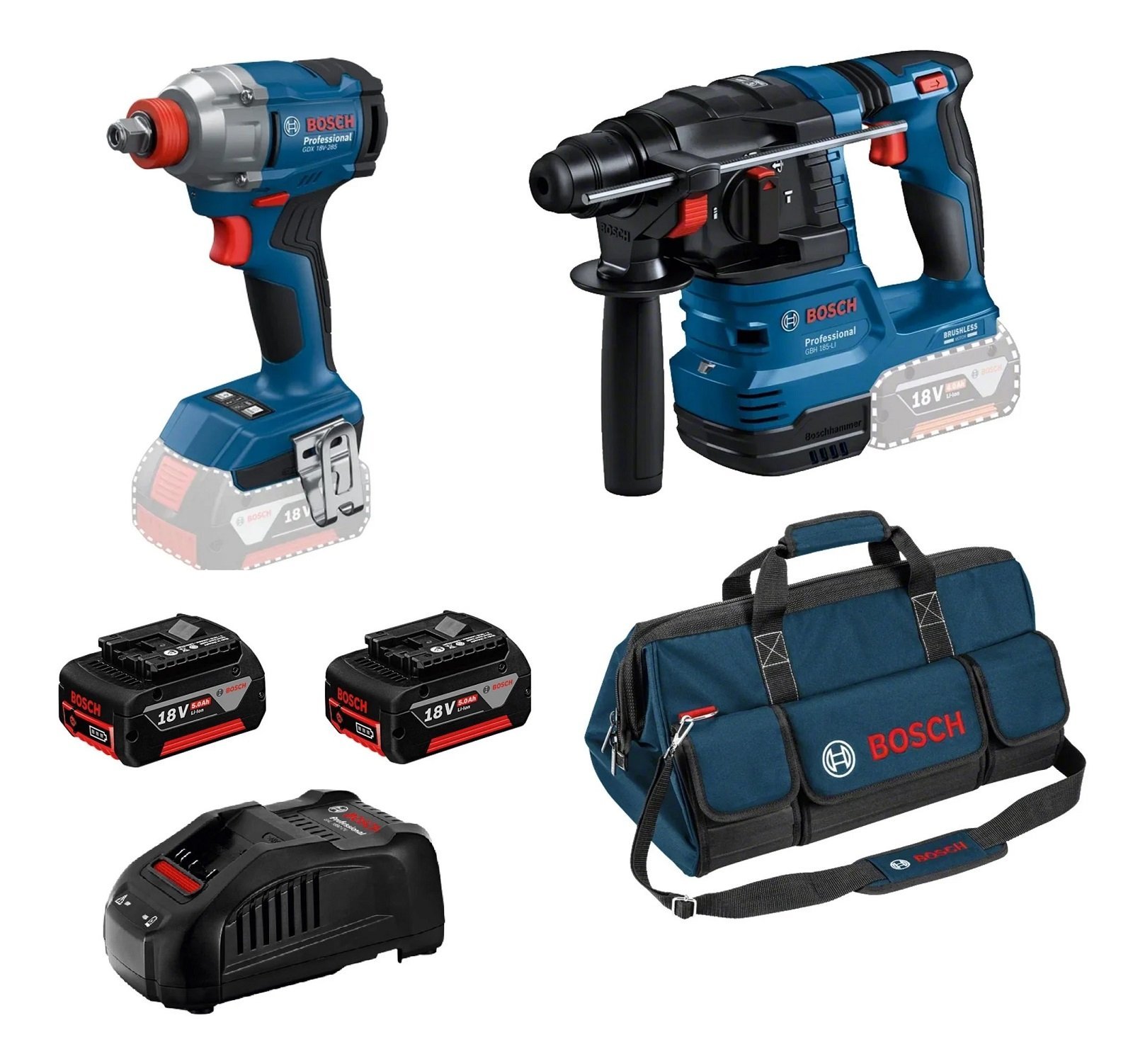 BOSCH GBH 185+GDX 18V-285 2'li Şarjlı Kırıcı-Delici ve Torklu Vidalama Çift Akülü Seti 5 Amper