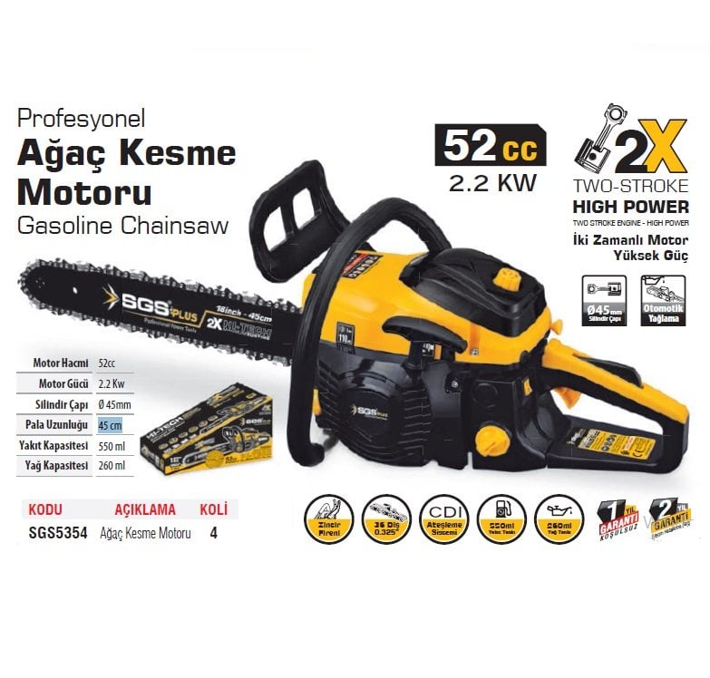 SGS 5354 BENZİNLİ AĞAÇ KESME  MOTORU 52 CC