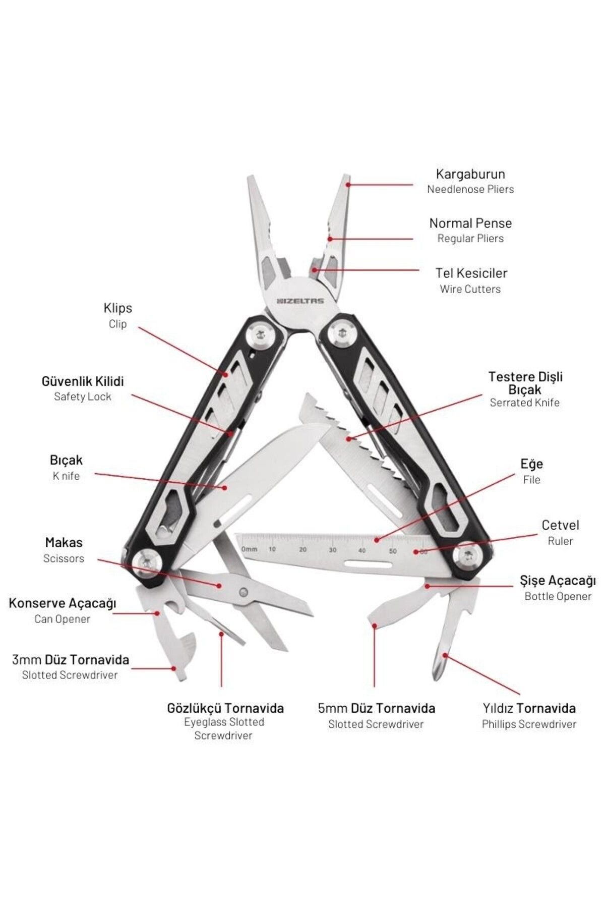 İZELTAŞ Multi Tool 15 Fonksiyona Sahip Katlanabilir Çakı+Pense 155 mm