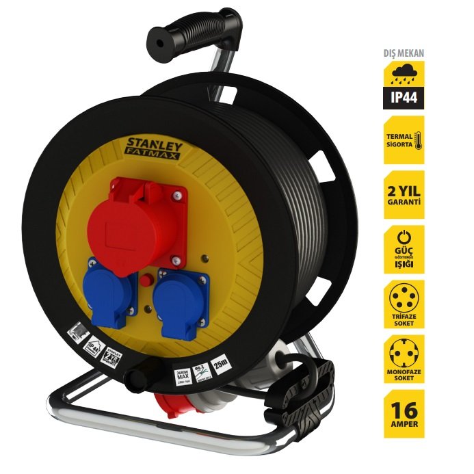 Stanley ST-HP Endüstriyel 1 Soket 5x16A / 2 1x16A 25 Mt 5x1.5mm Makaralı Kablo IP44
