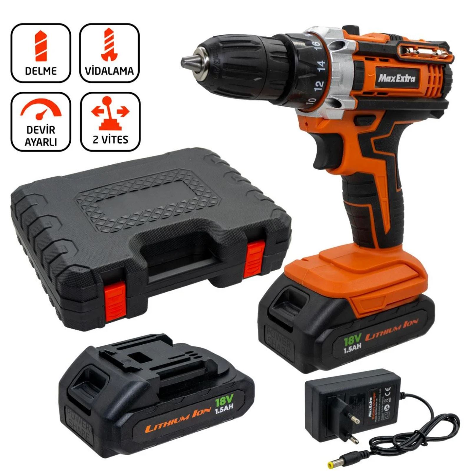 Max Extra MX1815 Matkap Vidalama Çift Akülü 18 Volt 1,5 Amper