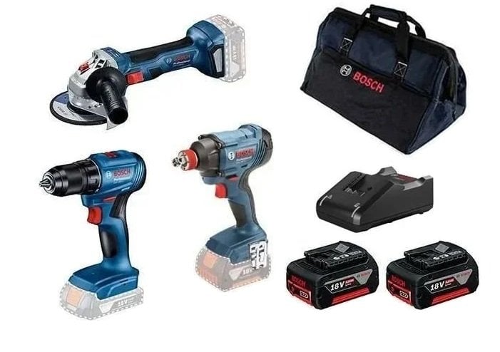 BOSCH GSR 185 + GDX 180 + GWS 180 3'lü Akülü Makine Seti 2 x 4.0 Amper Çift Akülü