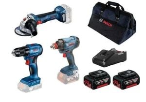 BOSCH GSR 185 + GDX 180 + GWS 180 3'lü Akülü Makine Seti 2 x 4.0 Amper Çift Akülü